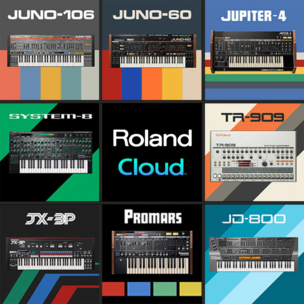 Collage featuring selected Roland Cloud Legendary instruments for which I created presets, patches or demonstration content.